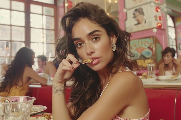 Portrait of woman eating food at restaurant