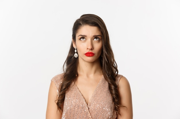 portrait woman in elegant dress with red lips