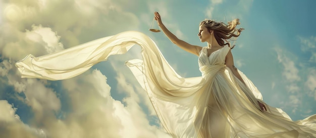 Portrait of woman in elegant white dress as goddess of justice wallpaper AI generated image