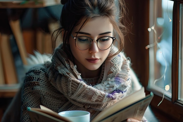 Photo portrait of a woman in eyeglasses reading a book with a cup of coffee