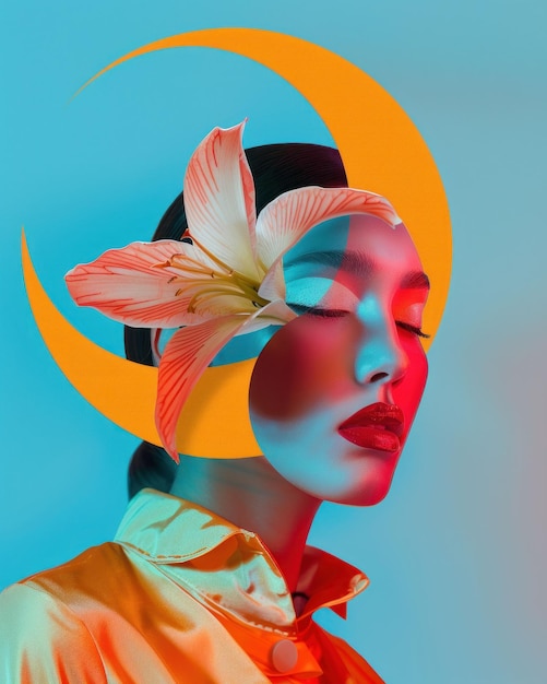 Portrait of a woman featuring floral elements and bold colors merging nature with abstract art in a creative composition