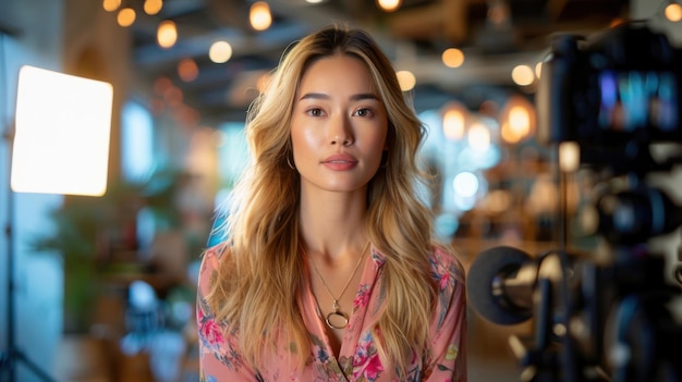 Portrait of Woman in Floral Top with Studio Lights