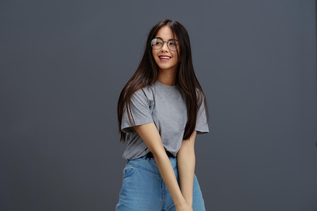 Portrait woman glasses on face fashion lifestyle gray tshirt Lifestyle