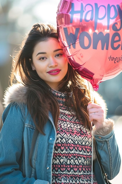 a portrait of a woman holding a Happy Womens Day balloon