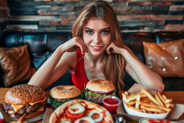 Portrait of woman looking into camera during fastfood lunch meal order relaxing on sofa