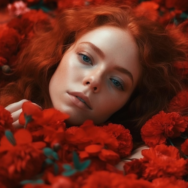 Portrait of a woman lying among flowers