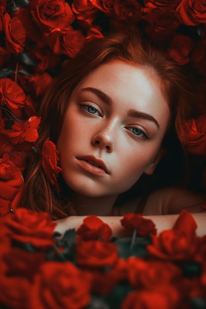 Portrait of a woman lying among flowers