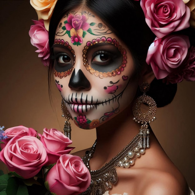 Portrait of woman made up with sugar skull Halloween and day of the dead makeup