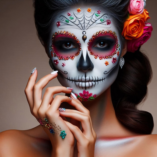 Photo portrait of woman made up with sugar skull halloween and day of the dead makeup