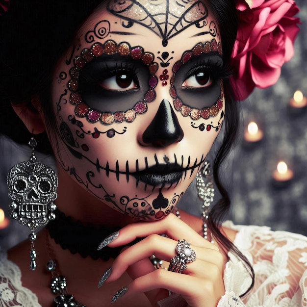 Portrait of woman made up with sugar skull Halloween and day of the dead makeup