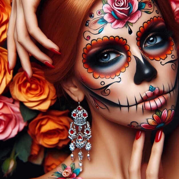 Photo portrait of woman made up with sugar skull halloween and day of the dead makeup