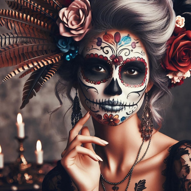 Portrait of woman made up with sugar skull Halloween and day of the dead makeup