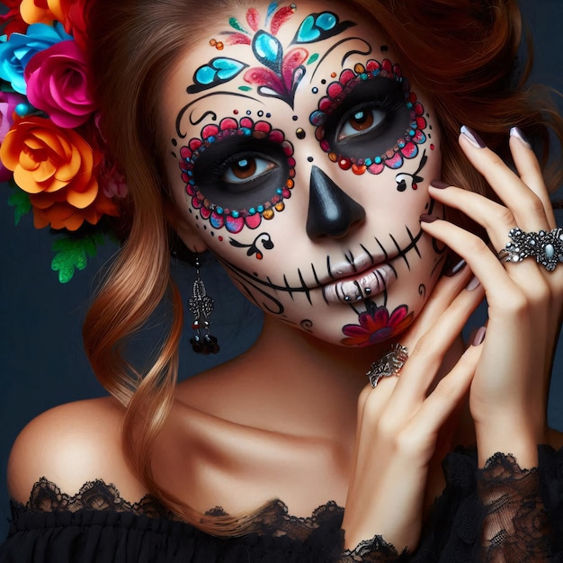 Portrait of woman made up with sugar skull Halloween and day of the dead makeup