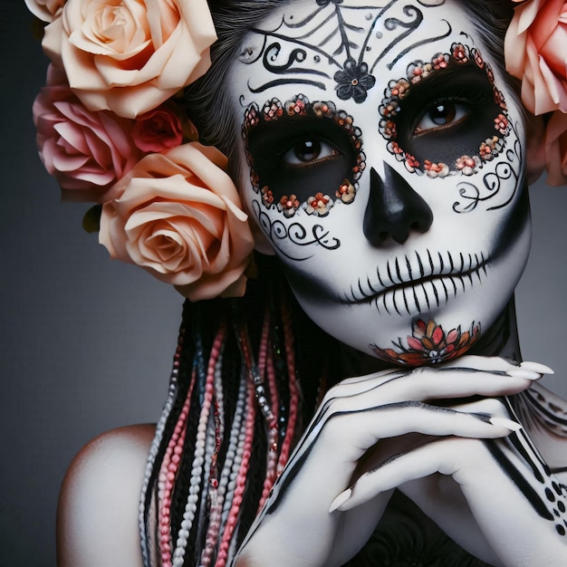 Portrait of woman made up with sugar skull Halloween and day of the dead makeup