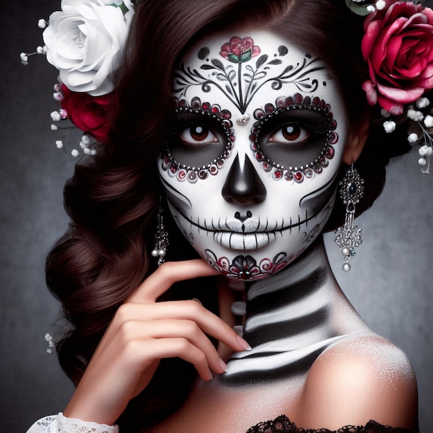 Portrait of woman made up with sugar skull Halloween and day of the dead makeup