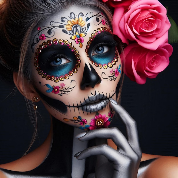 Portrait of woman made up with sugar skull Halloween and day of the dead makeup