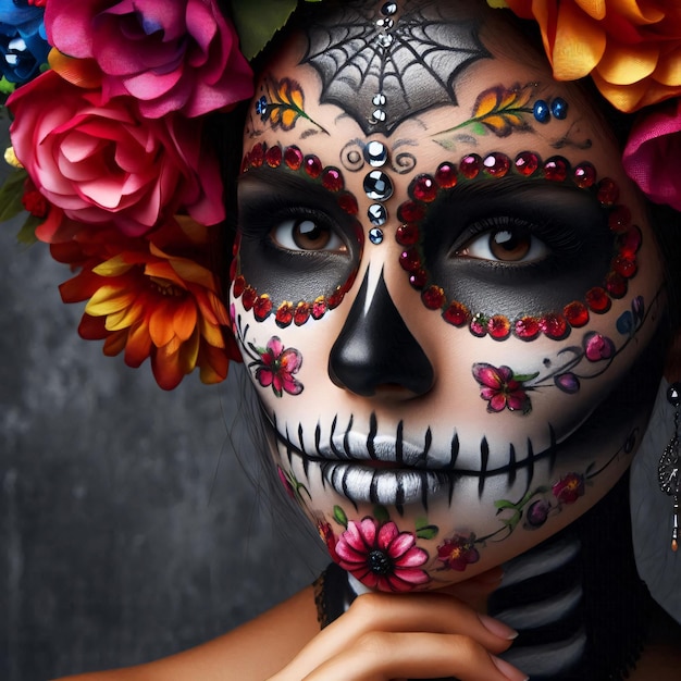 Portrait of woman made up with sugar skull Halloween and day of the dead makeup