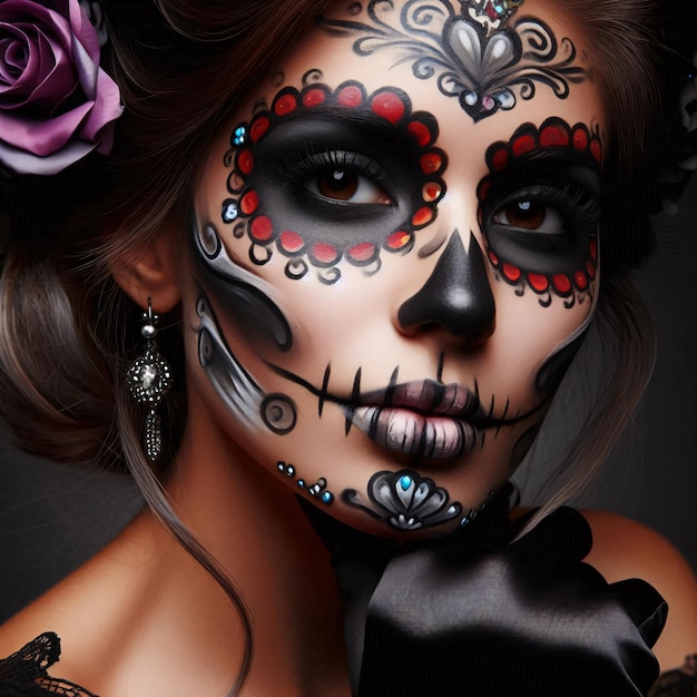 Photo portrait of woman made up with sugar skull halloween and day of the dead makeup