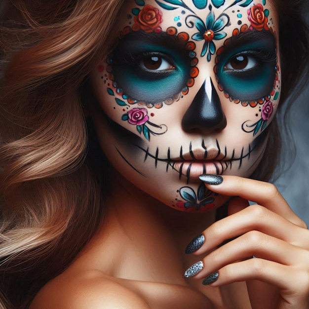 Portrait of woman made up with sugar skull Halloween and day of the dead makeup