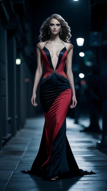 Portrait of a woman model in a attractive dress in night street