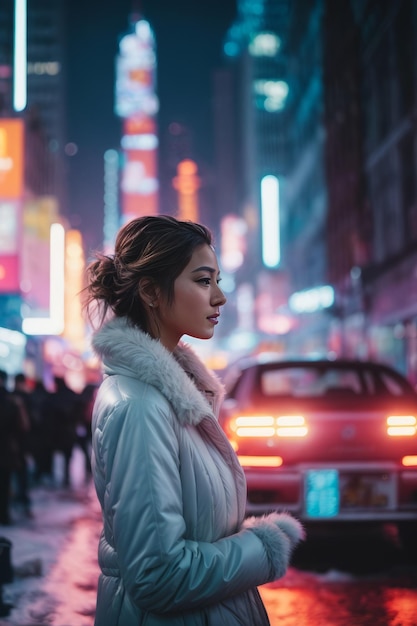 Portrait of a woman in a modern Chinese city with lots of bright blue pink neon signs