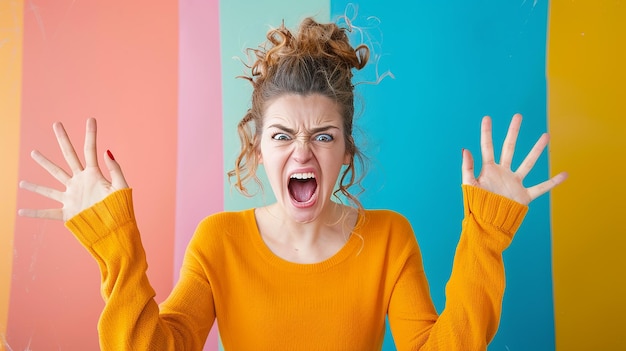 Photo portrait of a woman rolling her eyes and muttering