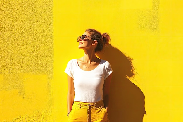 Photo portrait of woman standing against yellow wall