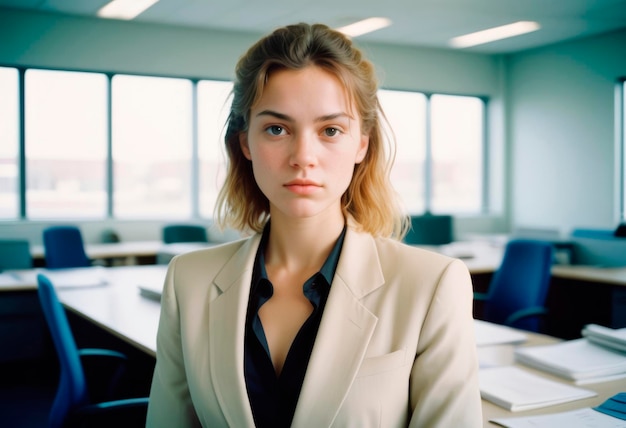 Portrait of a woman in a tan suit standing in front of a large window in an office