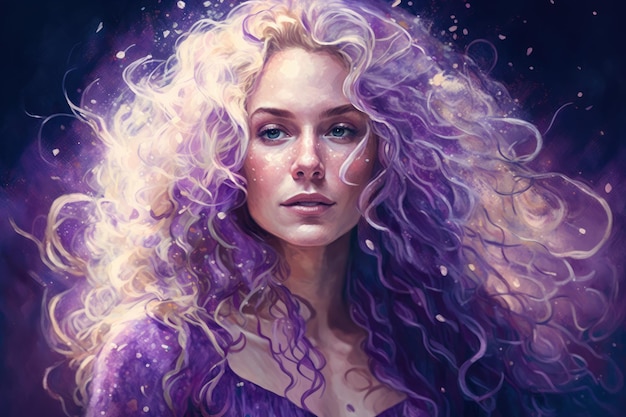 portrait of a woman turning into stars with long curly blonde hair and a flowy purple dress