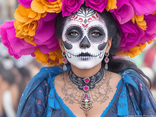 Portrait of a woman wearing beautiful Day of the Dead costumes and skull makeup Mexico