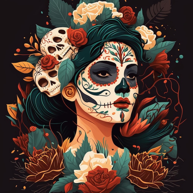 Portrait of a woman wearing day of the dead mexican skull costume Generative ai