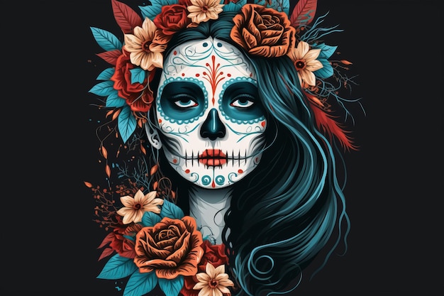 Portrait of a woman wearing day of the dead mexican skull costume generative ai