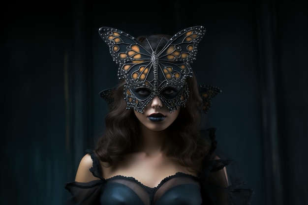 Portrait of a woman wearing an intricate butterfly mask with dark moody lighting