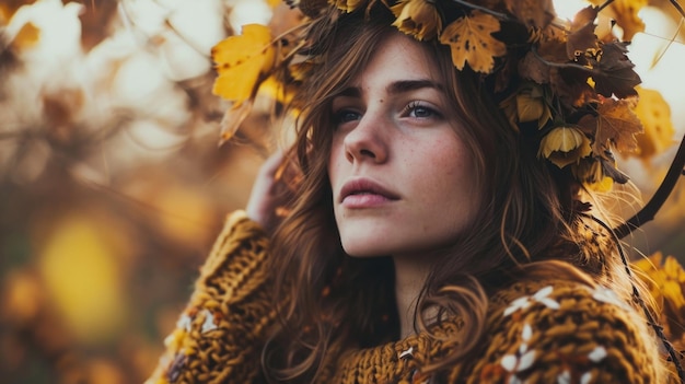 A portrait of a woman wearing a knit sweater in shades of amber her hair styled in loose waves and