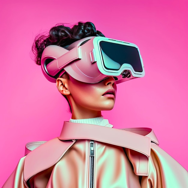 Portrait of a woman wearing virtual reality goggles She is on a pink background and is wearing very modern and futiristic clothes