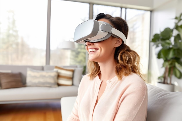 Portrait of a Woman Wearing a VR Headset at Home