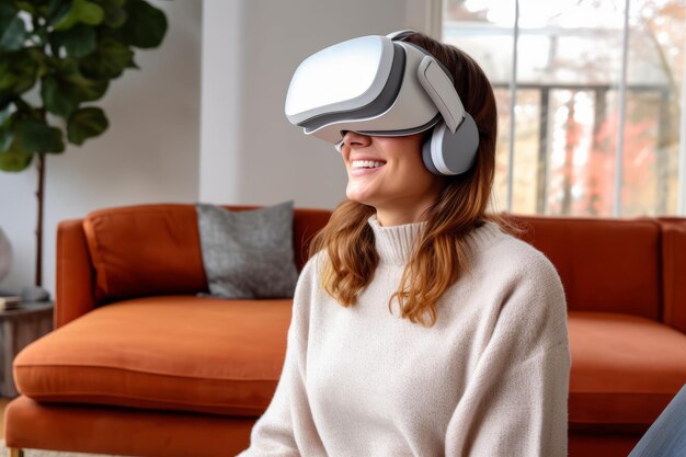 Portrait of a Woman Wearing a VR Headset at Home