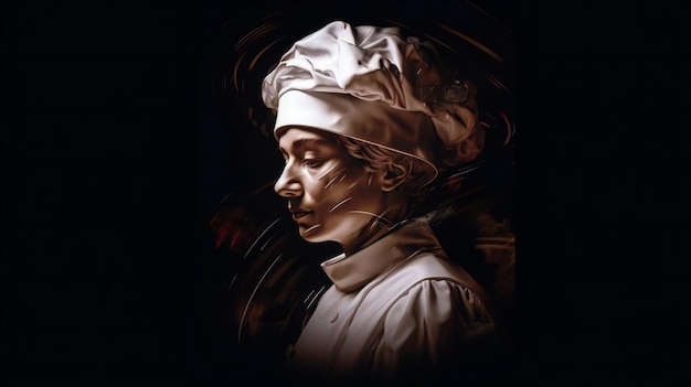 Portrait of a woman in a white dress and a hat on a dark background