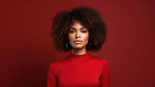 Portrait of a woman with afrotextured hair against a burnt orange background exuding elegance and confidence