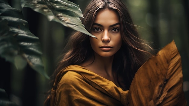 Portrait of woman with big brown dry tropical leaf and dark nature background Outdoor leisure activity and feeling connection with forest Environment lifestyle People in the woods