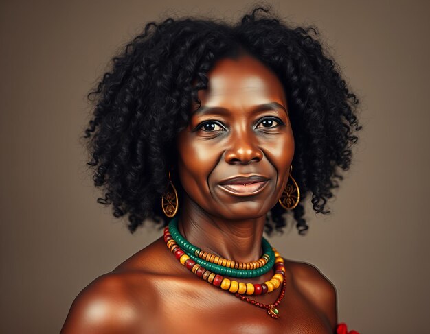 a portrait of a woman with a black hair and a colorful necklace