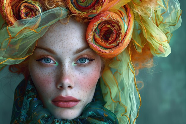 Photo a portrait of a woman with blue eyes and freckles adorned with colorful fabric curls and elaborate makeup