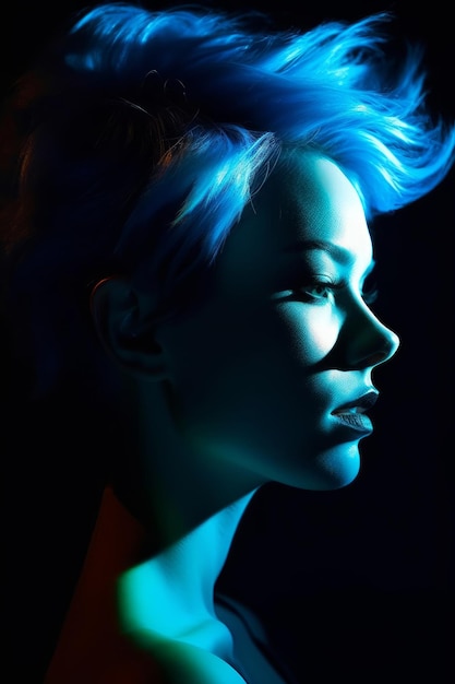 A portrait of a woman with blue hair and a blue light behind her.