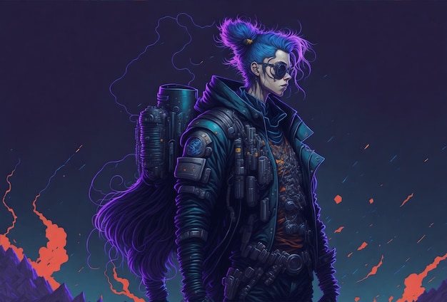 portrait of a woman with Blue hair of a cyberpunk traveler in the world Ai Generated