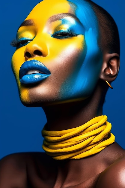 A portrait of a woman with blue and yellow makeup.