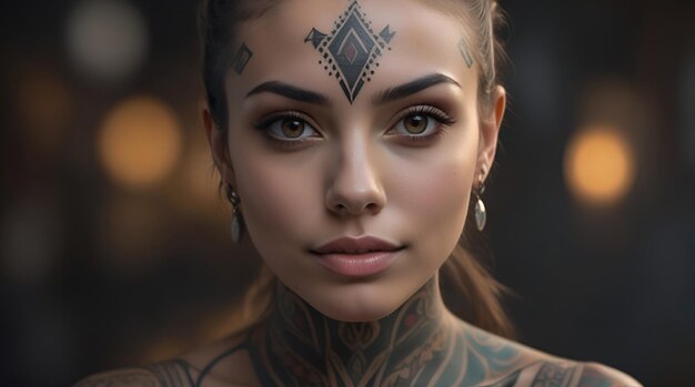 Photo portrait of a woman with a body full of artistic tattoos