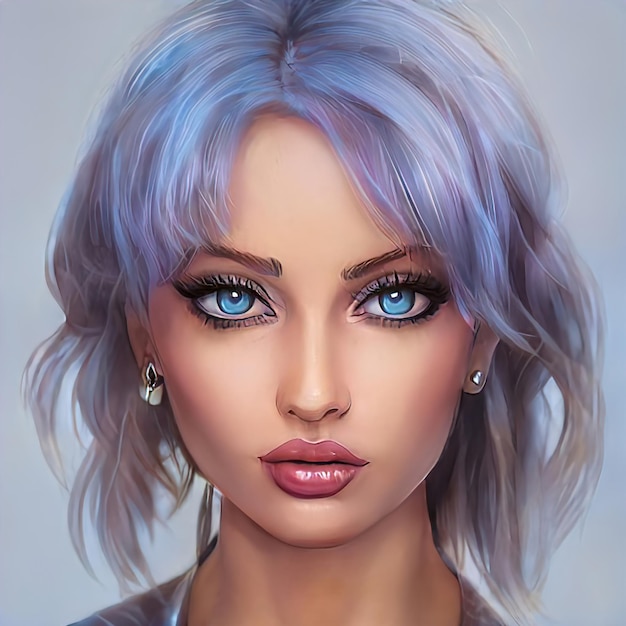 Portrait of a woman with bright colored hair purple color. Hair coloring, beautiful lips and makeup. Woman with short  hair. Illustration