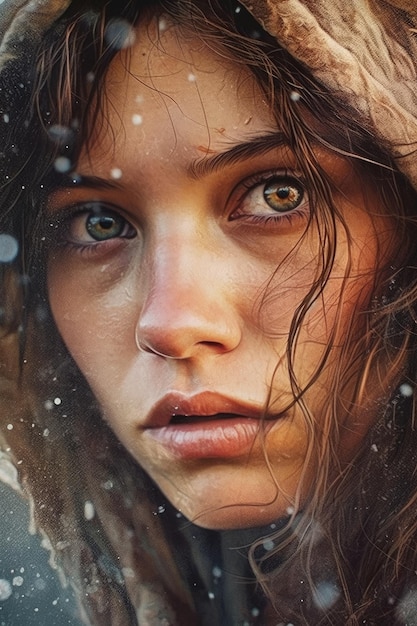 A portrait of a woman with brown eyes and a snowflake on her face