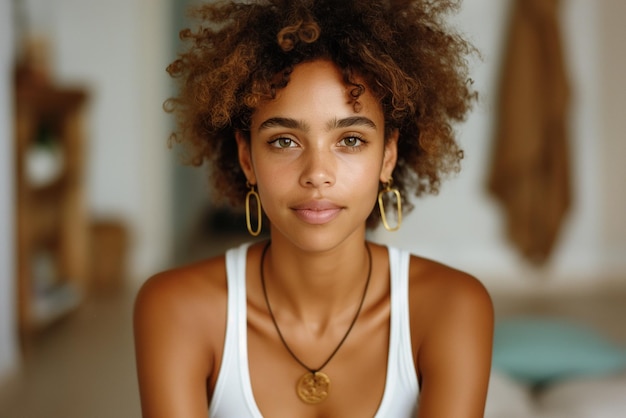 Portrait of a Woman with Curly Hair and Elegant Jewelry with aretes