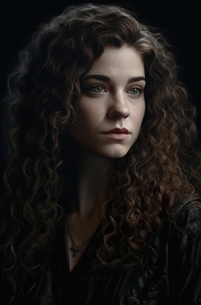 A portrait of a woman with curly hair